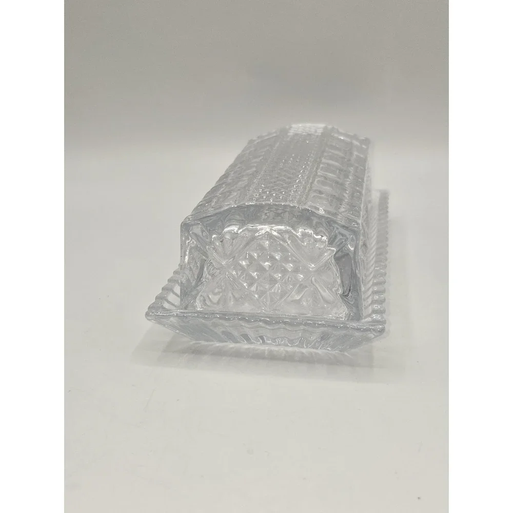 Vintage Pressed Glass Butter Dish Clear Glass Covered Dish Starburst Diamond Cut